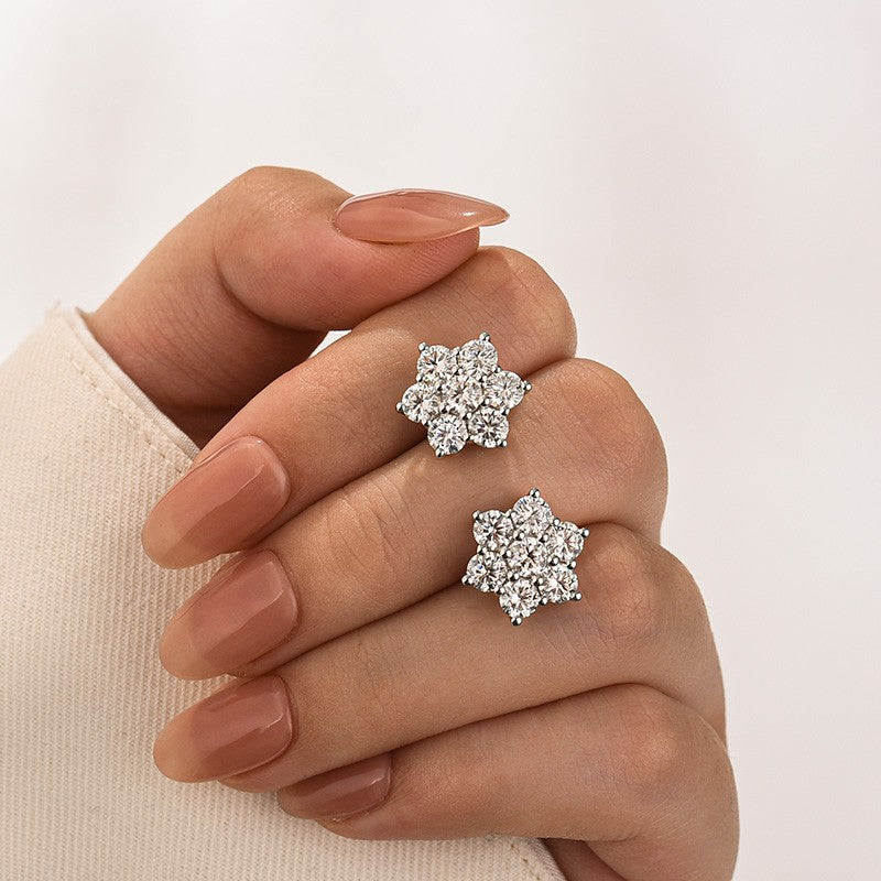 Moissanite Sunflower Stud Earrings with Round White Stones in Sterling Silver