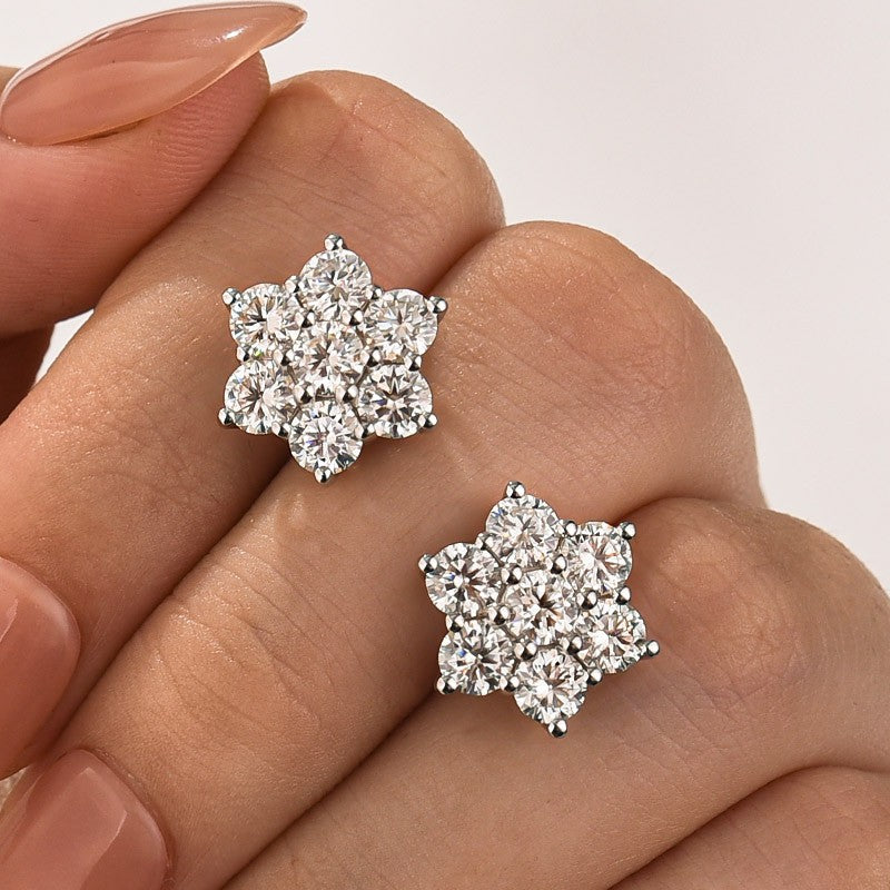 Moissanite Sunflower Stud Earrings with Round White Stones in Sterling Silver