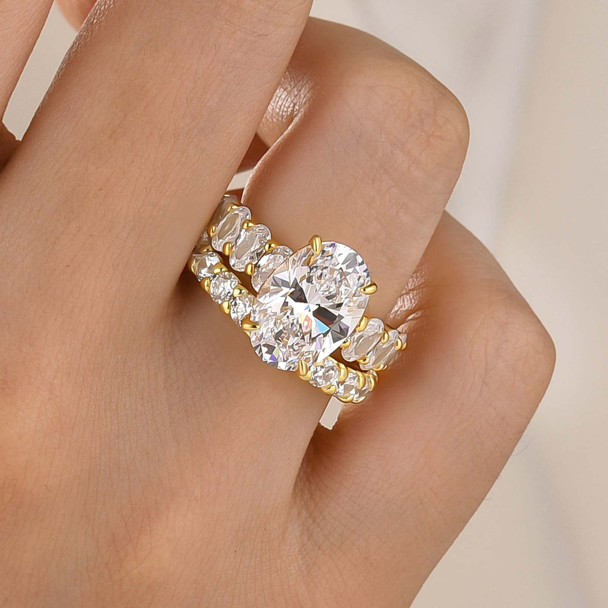 S925 Luxe 4.5Ct Oval Cut Engagement Ring & Half Eternity Band Stackable Ring Sets For Everyday Wear