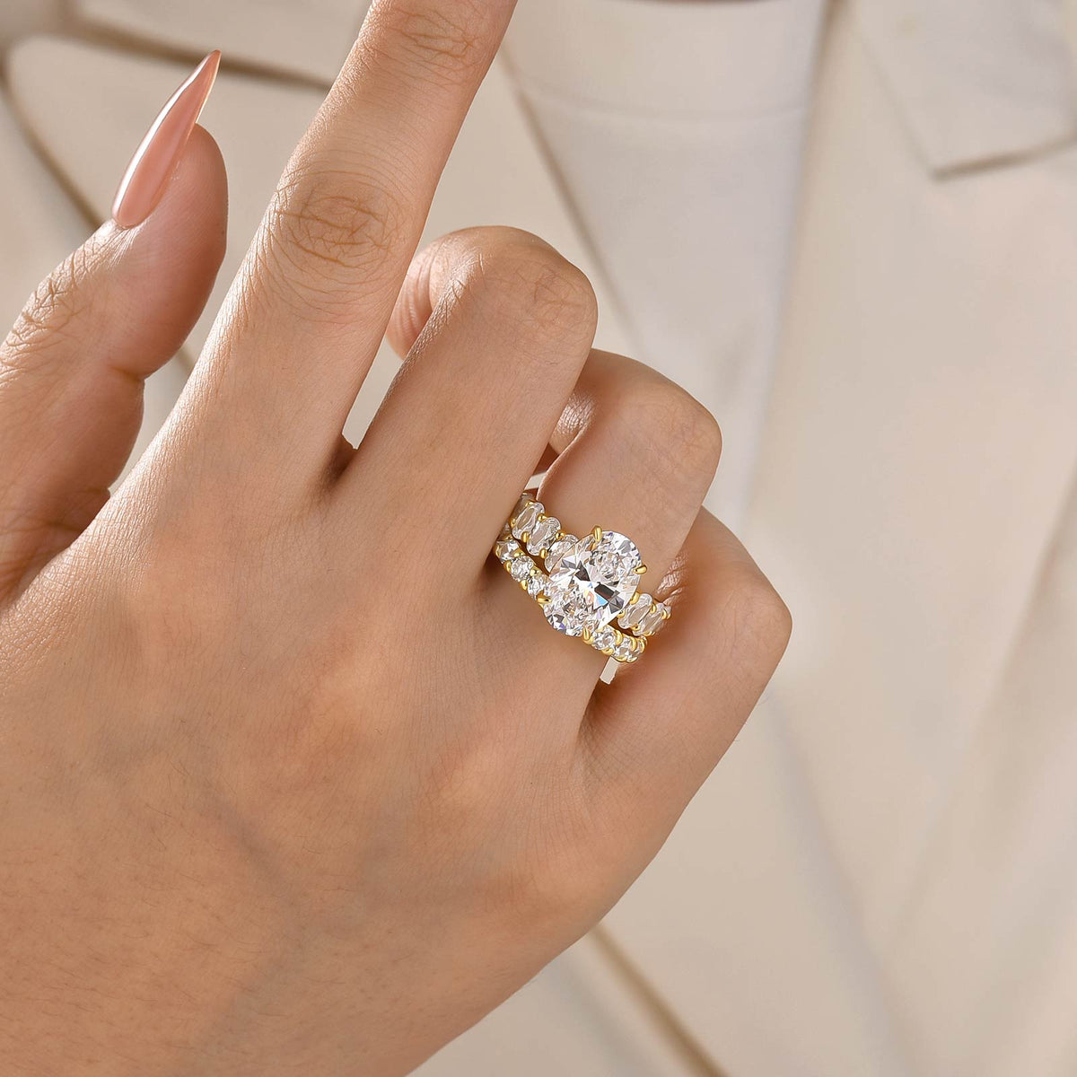 S925 Luxe 4.5Ct Oval Cut Engagement Ring & Half Eternity Band Stackable Ring Sets For Everyday Wear