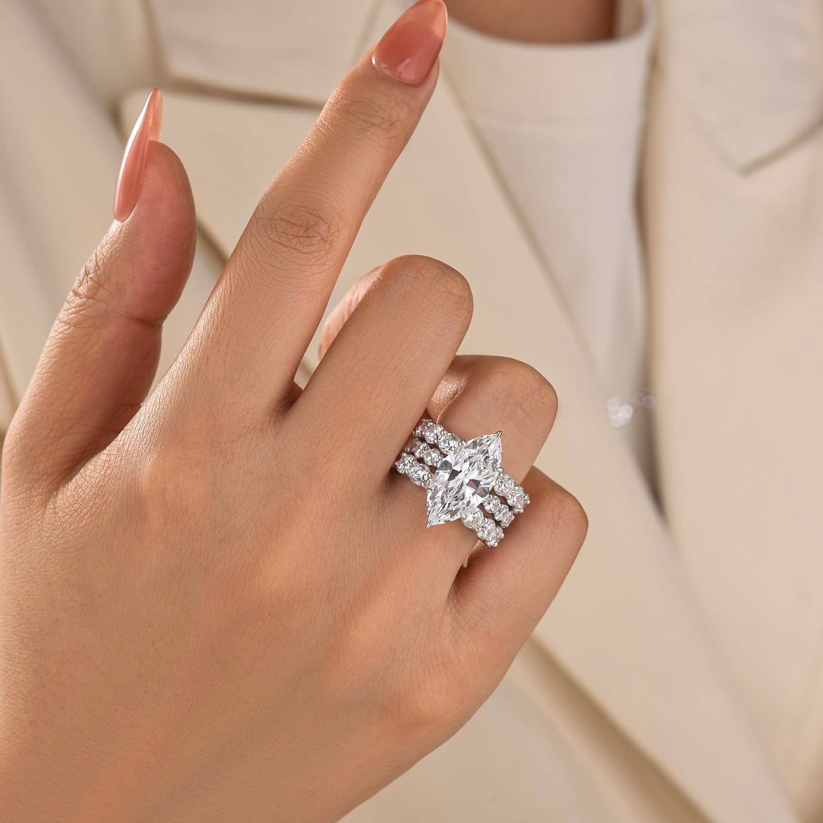 S925 3PC 6.0Ct Marquise Cut Side Stone Stackable Statement Ring Sets For Everyday Outfit