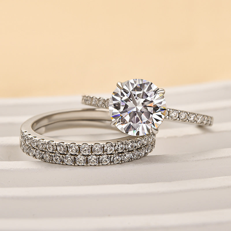 S925 3PC Wedding Ring Set 2.0 Ct Round Cut With 2PC Half Eternity Wedding Band Stackable Wedding Rings