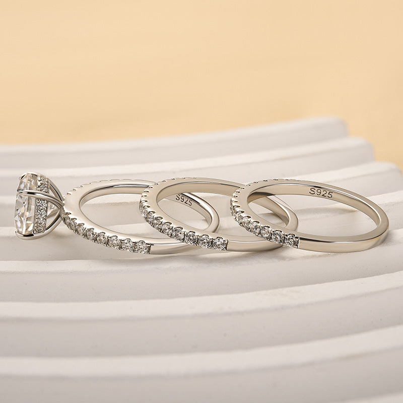 S925 3PC Wedding Ring Set 2.0 Ct Round Cut With 2PC Half Eternity Wedding Band Stackable Wedding Rings