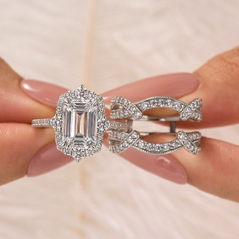 3.5Ct Emerald Cut Halo Engagement Ring With Engagement Ring Enhancer