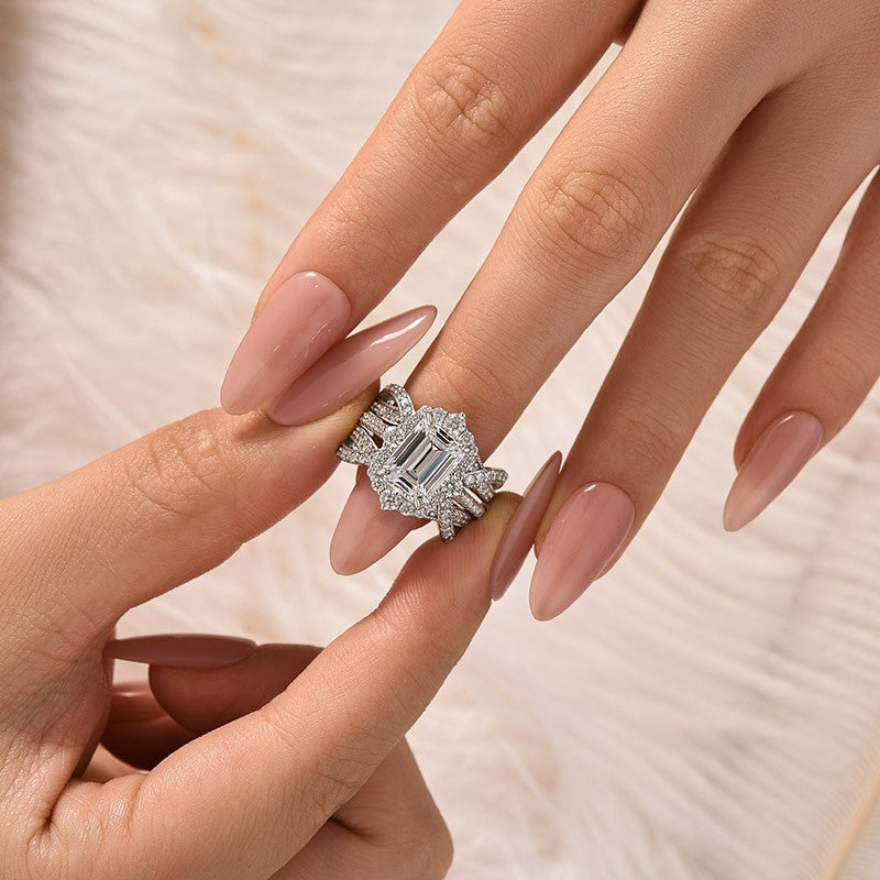 3.5Ct Emerald Cut Halo Engagement Ring With Engagement Ring Enhancer