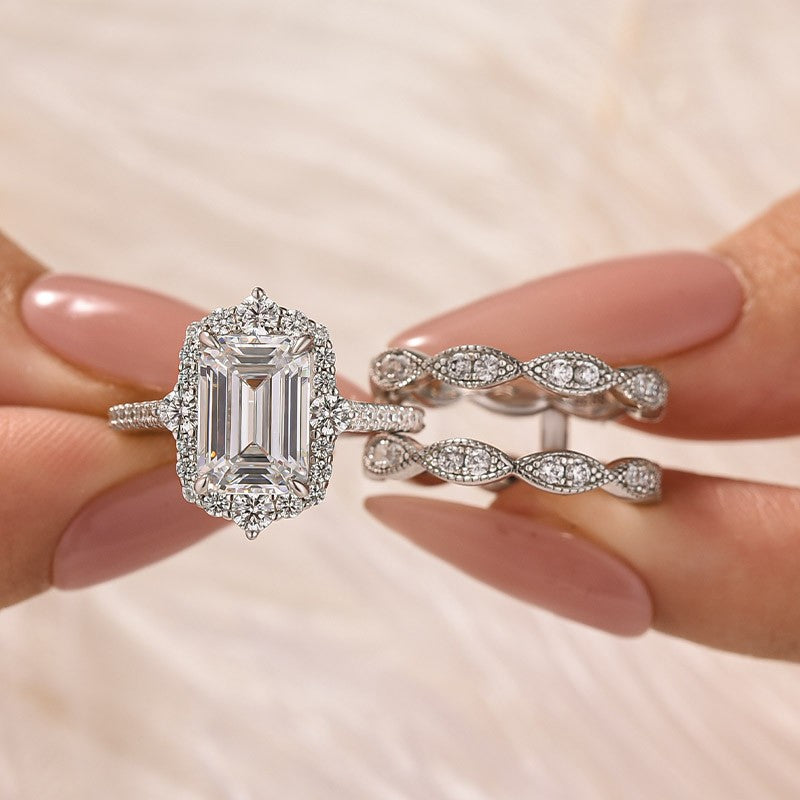 3.5Ct Emerald Cut Halo Insert Wedding Ring Set With Engagement Ring Enhancer