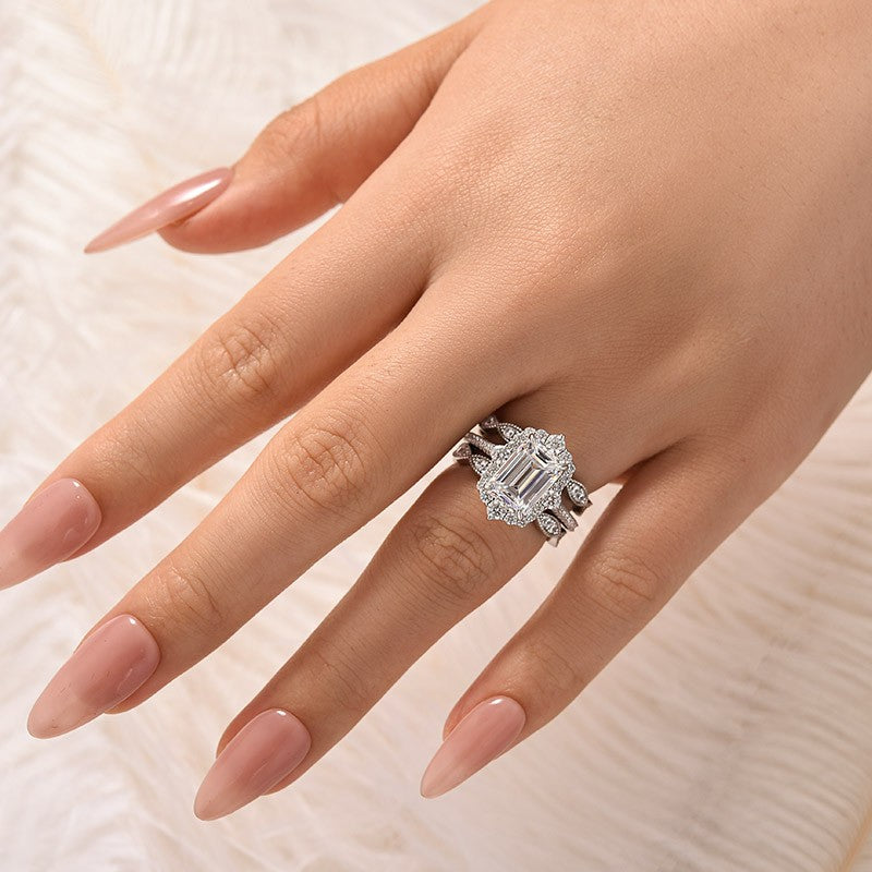 3.5Ct Emerald Cut Halo Insert Wedding Ring Set With Engagement Ring Enhancer