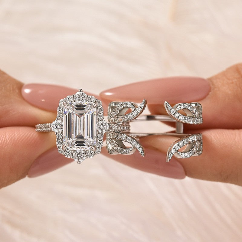 3.5Ct Emerald Cut Halo Engagement Ring Insert Wedding Ring Set With Engagement Ring Enhancer