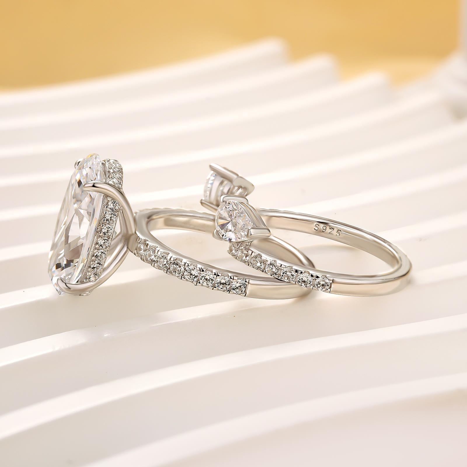 S925 2PC 5.0Ct Oval Cut Engagement Ring with Enhancer Pear Cut Wedding Band - louilyjewelry