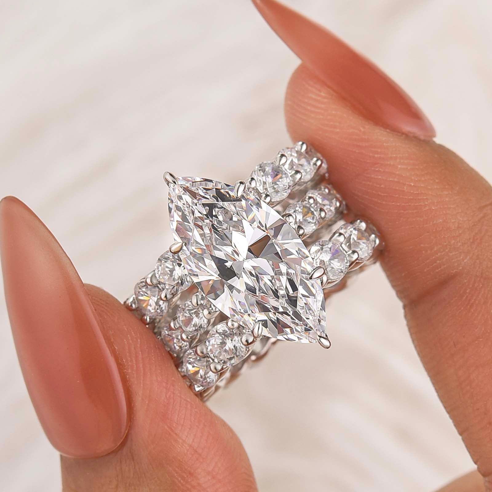 S925 3PC 6.0Ct Marquise Cut Side Stone Stackable Statement Ring Sets For Everyday Outfit