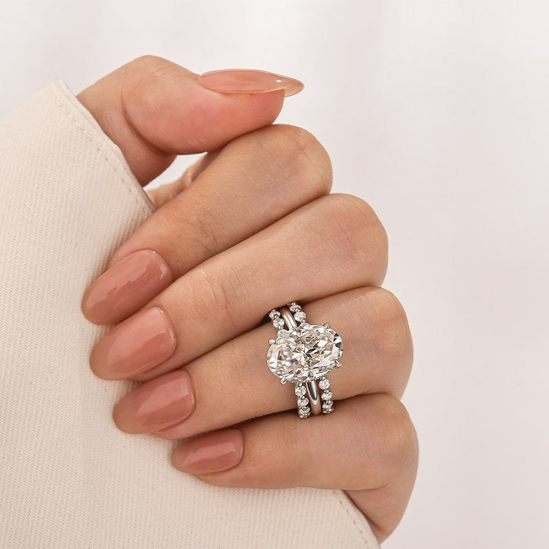 Moissanite 5.5Ct Hidden Halo Oval Cut Engagement Ring with 1.5 Ct Round Cut White Gold Anniversary Ring