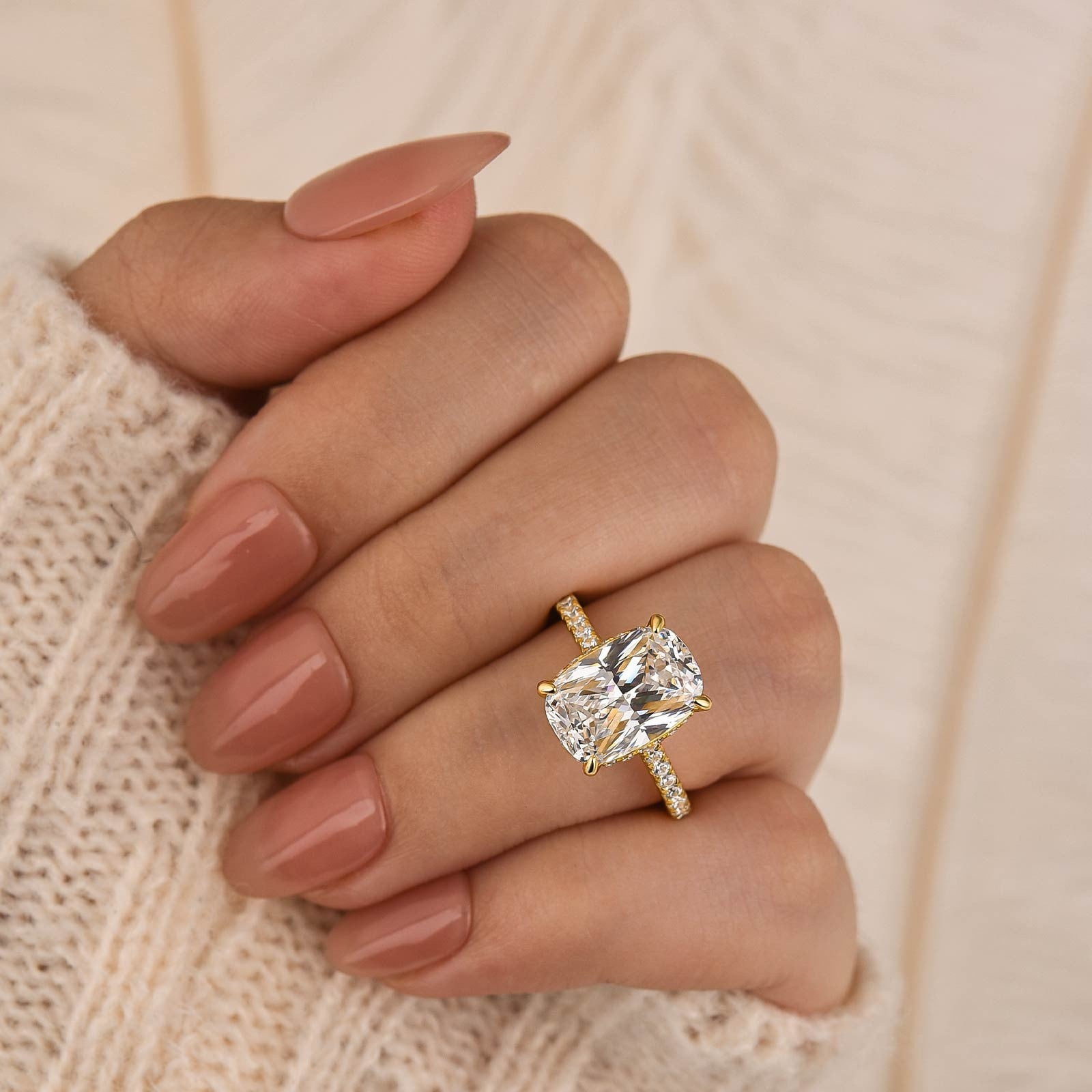 Bright 5.5Ct Cushion Cut Pavé Yellow Gold Engagement Ring For Women In Sterling Silver