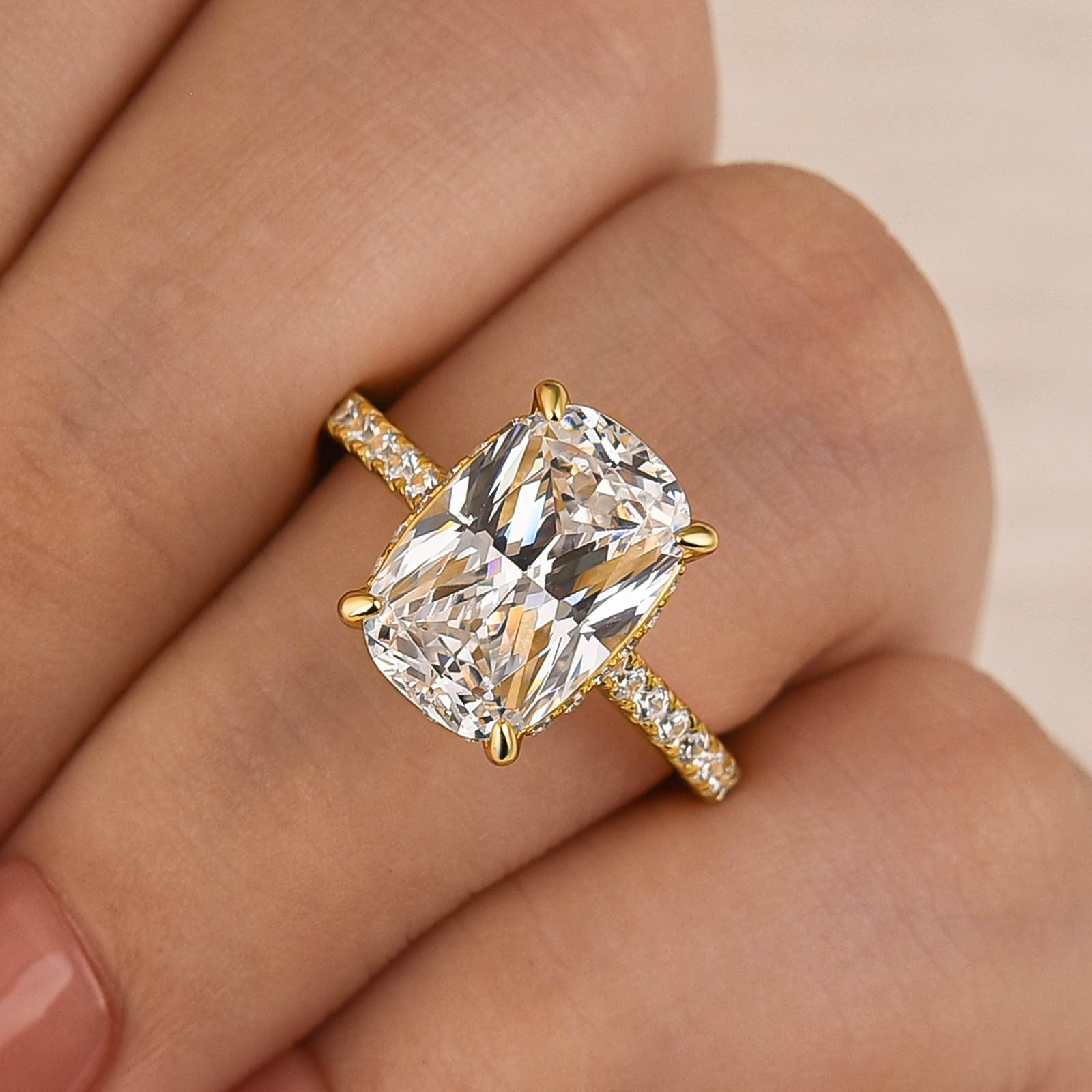 Bright 5.5Ct Cushion Cut Pavé Yellow Gold Engagement Ring For Women In Sterling Silver