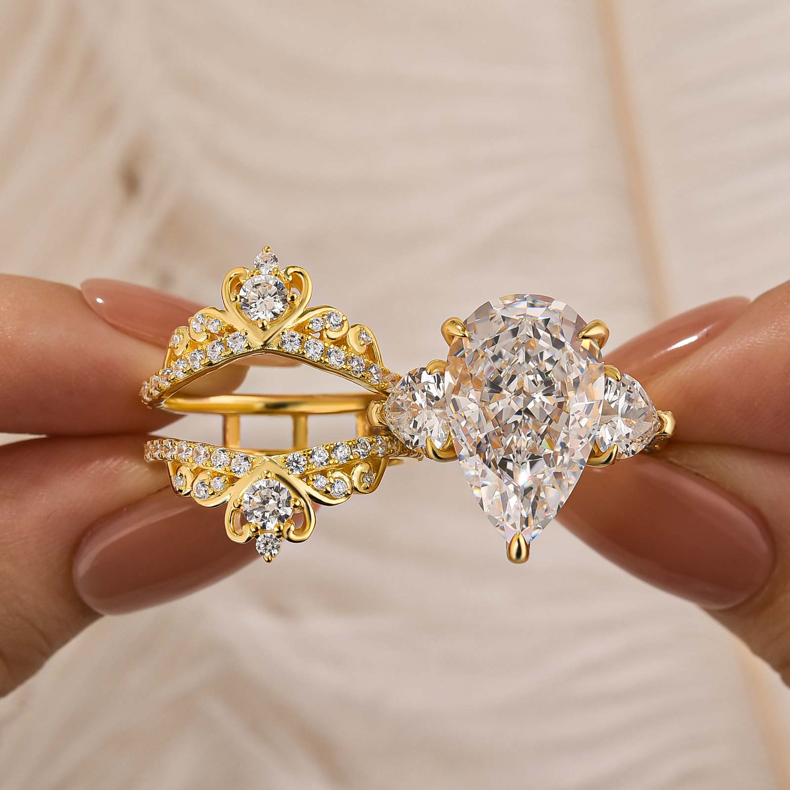 8.0 Carat Pear Cut Three Stone Insert Wedding Ring Set With Engagement Ring Enhancer