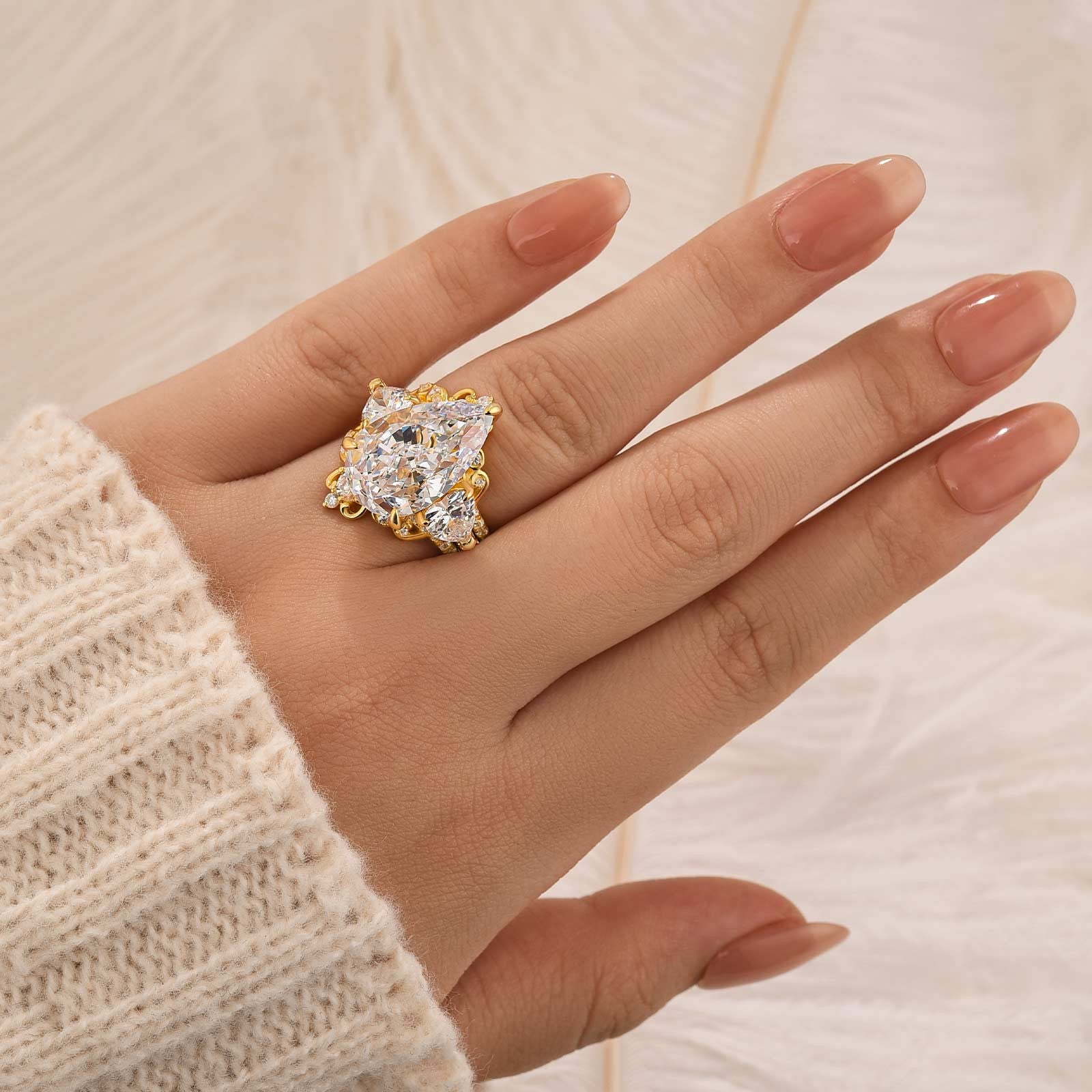 8.0 Carat Pear Cut Three Stone Insert Wedding Ring Set With Engagement Ring Enhancer