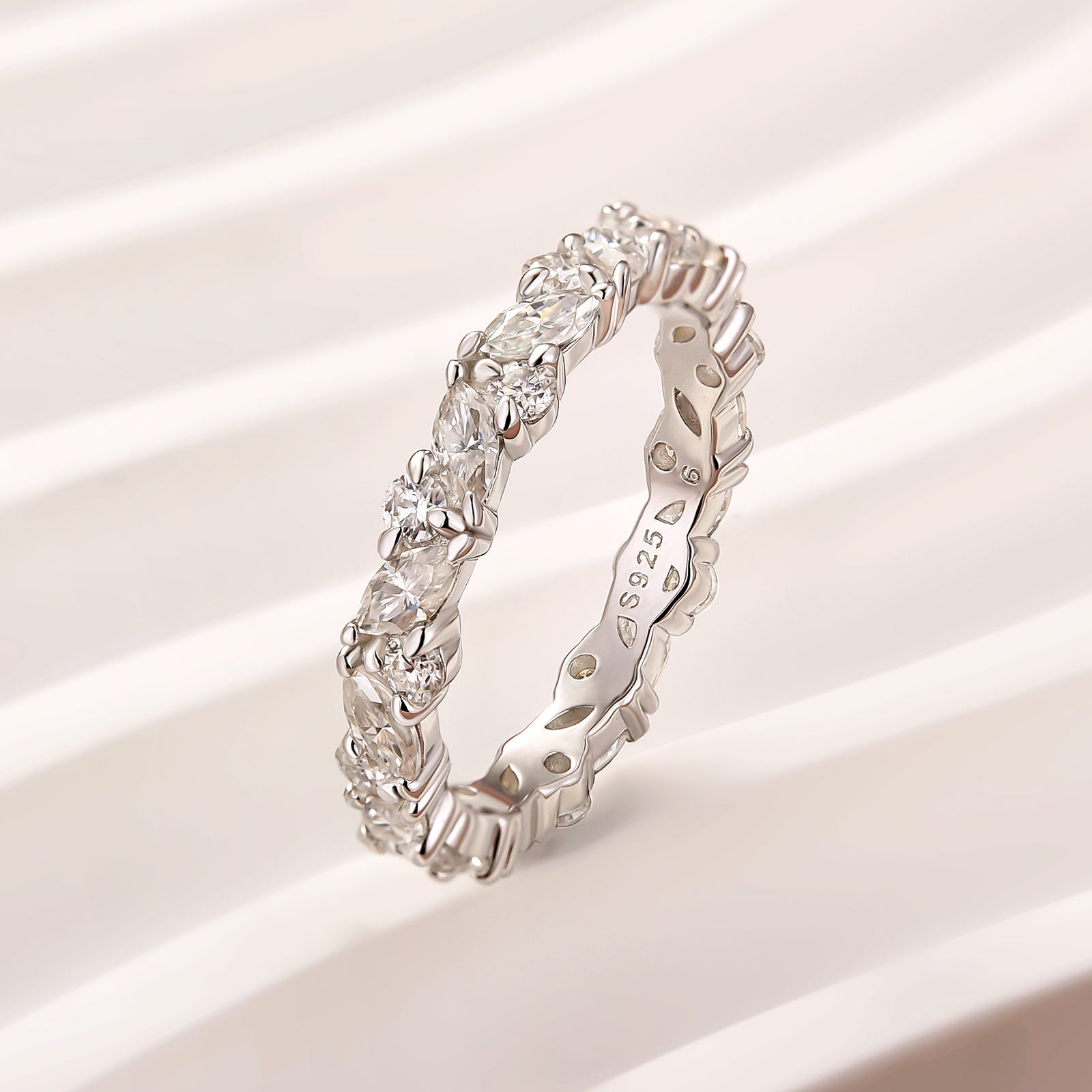 Moissanite Fashion Design Marquise Cut & Round Cut Wedding Band In Sterling Silver