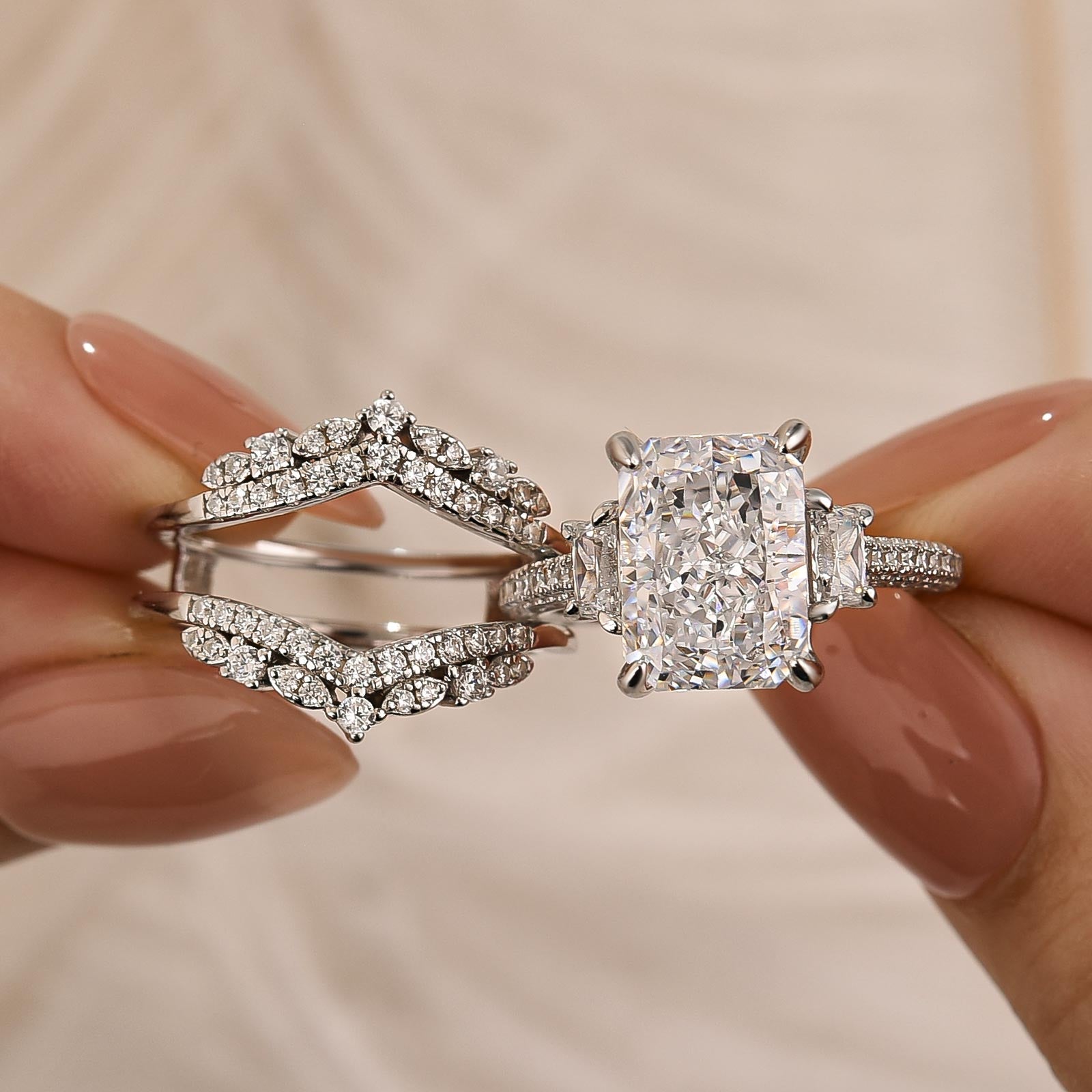 5.0Ct Radiant Cut Three Stone Wedding Ring For Her With Insert Ring