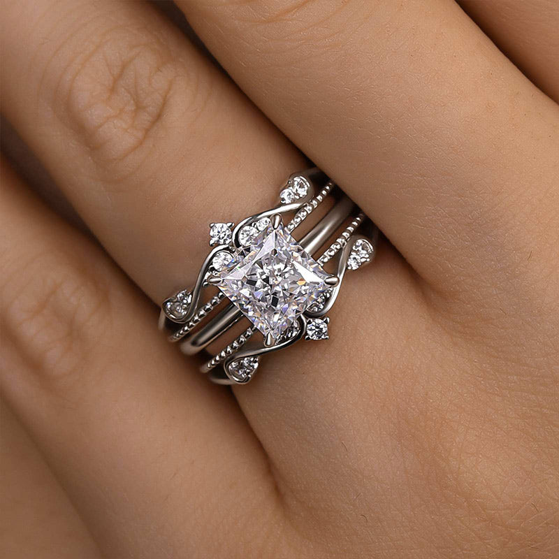 Louily Noble Crown Design Square Princess Cut Insert Wedding Ring Set - louilyjewelry