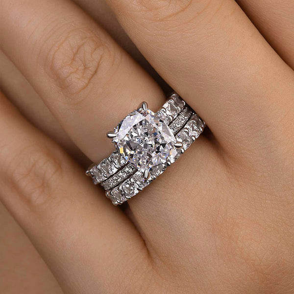 Louily Attractive Crushed Ice Cushion Cut 3PC Wedding Ring Set