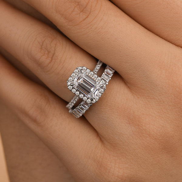 Louily Stunning Halo Emerald Cut Wedding Ring Set