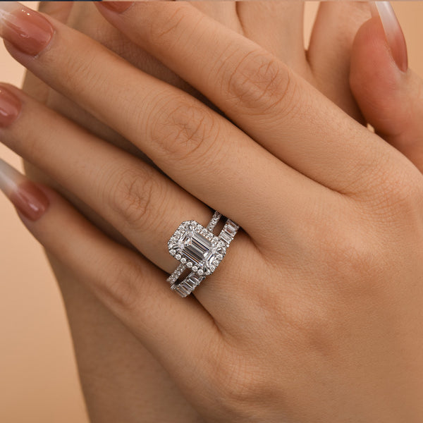 Louily Stunning Halo Emerald Cut Wedding Ring Set