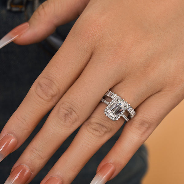 Louily Stunning Halo Emerald Cut Wedding Ring Set