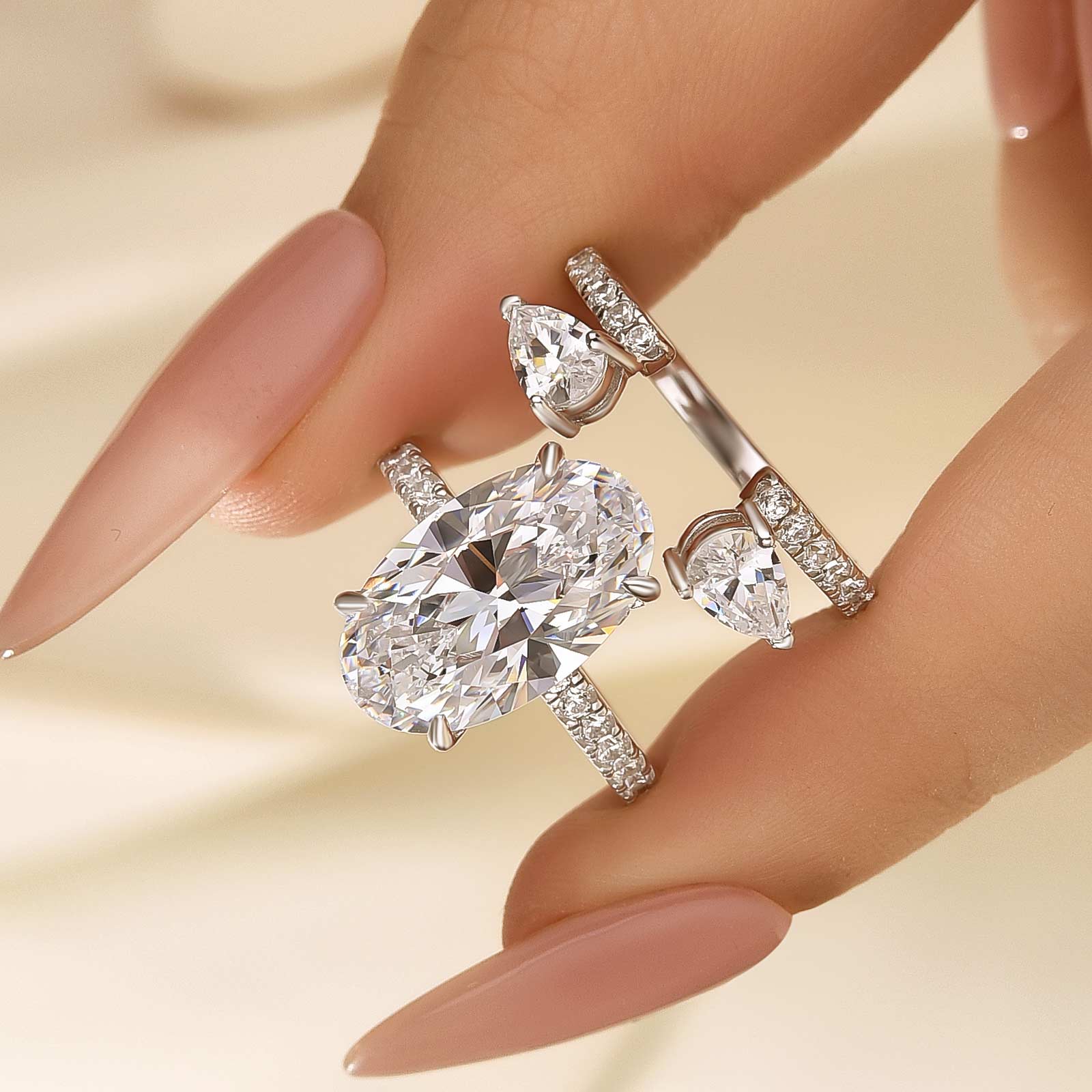 S925 2PC 5.0Ct Oval Cut Engagement Ring with Enhancer Pear Cut Wedding Band - louilyjewelry