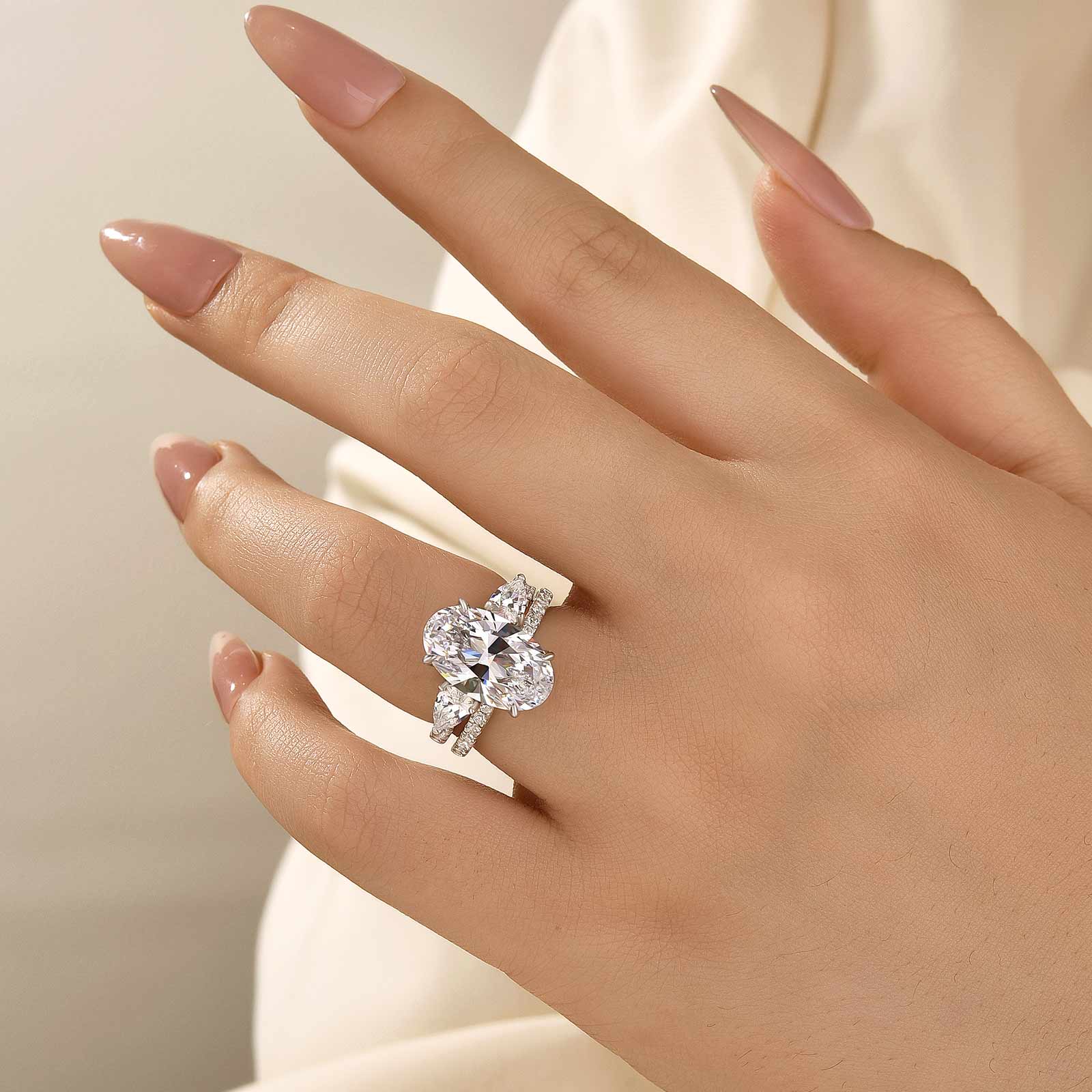 S925 2PC 5.0Ct Oval Cut Engagement Ring with Enhancer Pear Cut Wedding Band - louilyjewelry