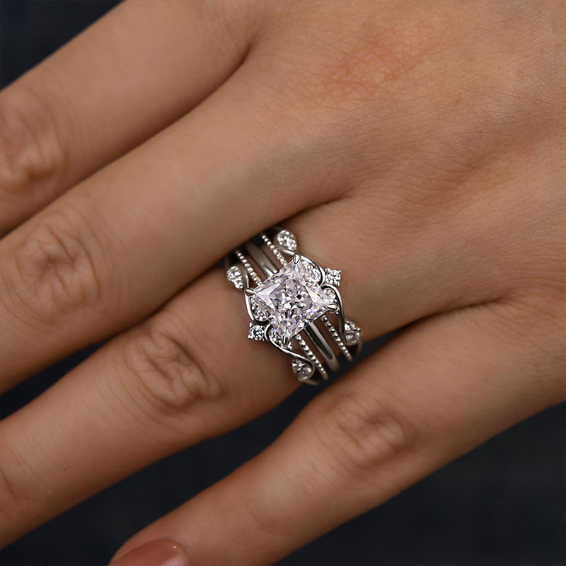 Louily Noble Crown Design Square Princess Cut Insert Wedding Ring Set - louilyjewelry