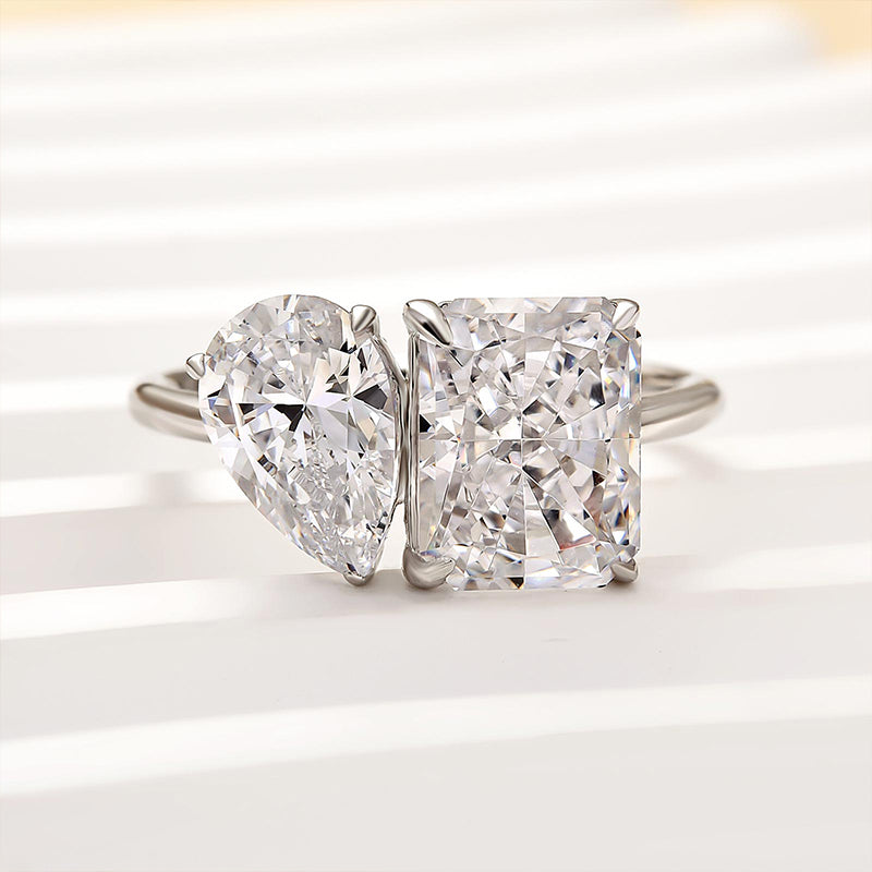 Louily Double Stones Radiant & Pear Cut Engagement Ring In Sterling Silver - louilyjewelry