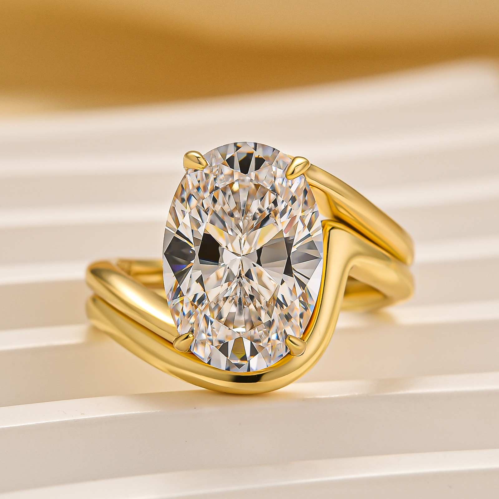 2PC Wedding Sets 4.5Ct Oval Cut Yellow Gold Solitaire Engagement Ring with Curved Wedding Band