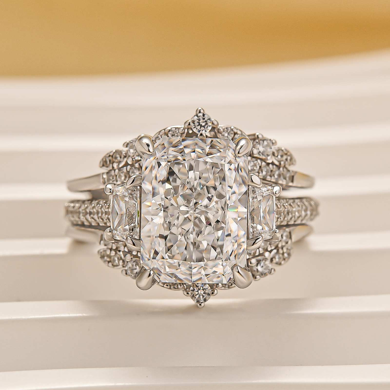 5.0Ct Radiant Cut Three Stone Wedding Ring For Her With Insert Ring