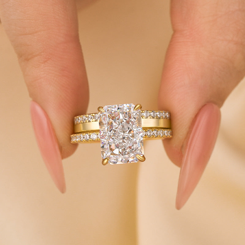 Yellow Gold 4.5Ct Radiant Cut Wedding Ring Set With Wide Wedding Band - louilyjewelry