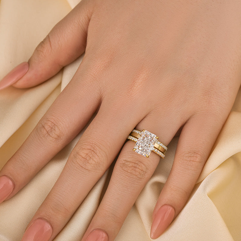 Yellow Gold 4.5Ct Radiant Cut Wedding Ring Set With Wide Wedding Band - louilyjewelry