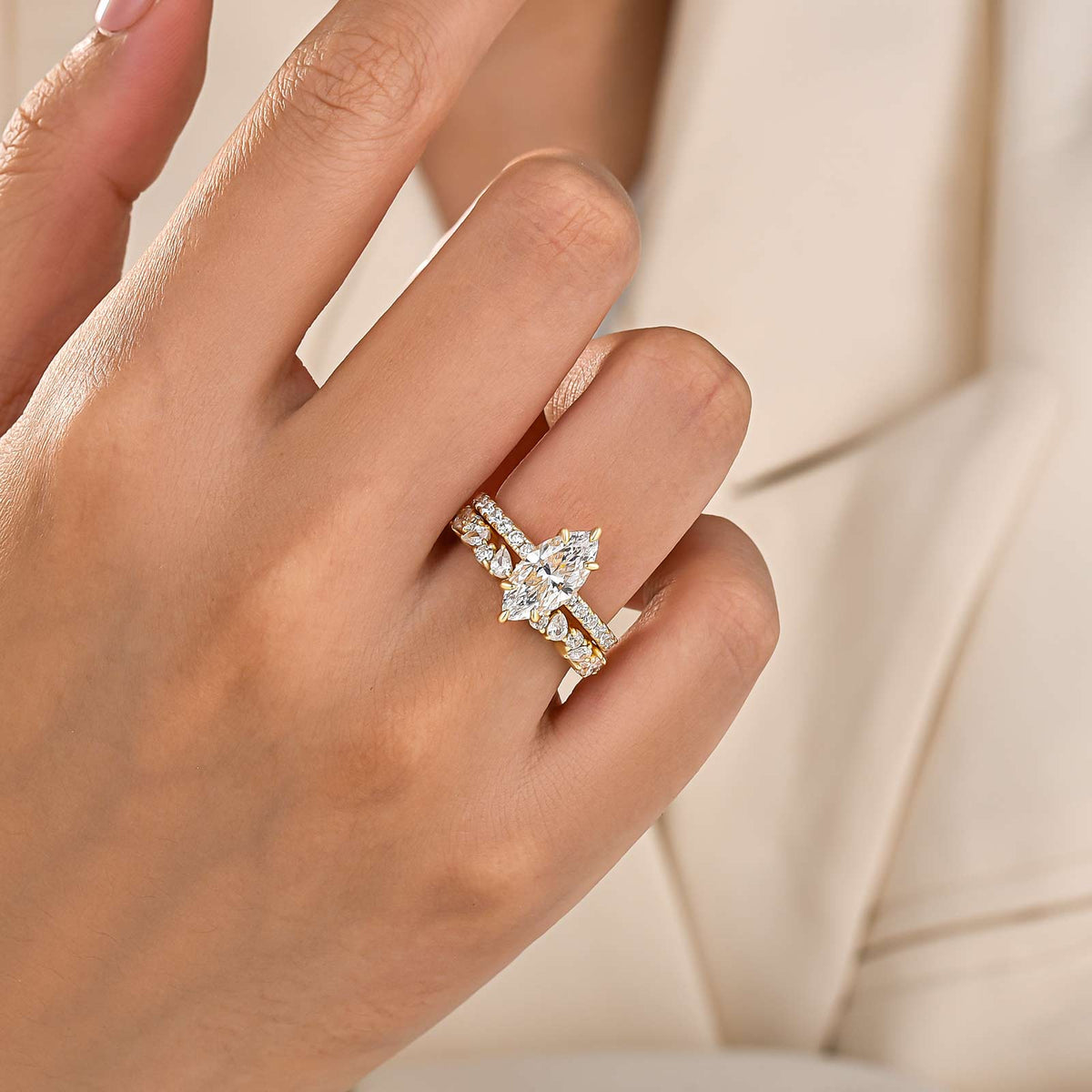 S925 2.0Ct Marquise Cut Engagement Ring With Unique Half 1.5Ct Band For Everyday Wear