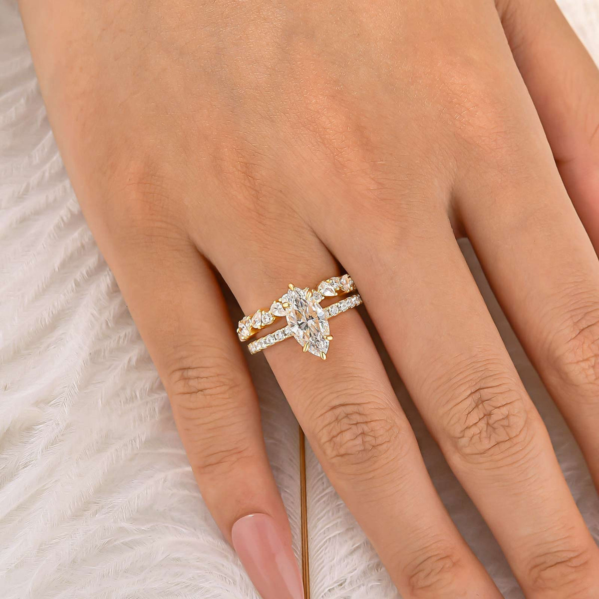 S925 2.0Ct Marquise Cut Engagement Ring With Unique Half 1.5Ct Band For Everyday Wear