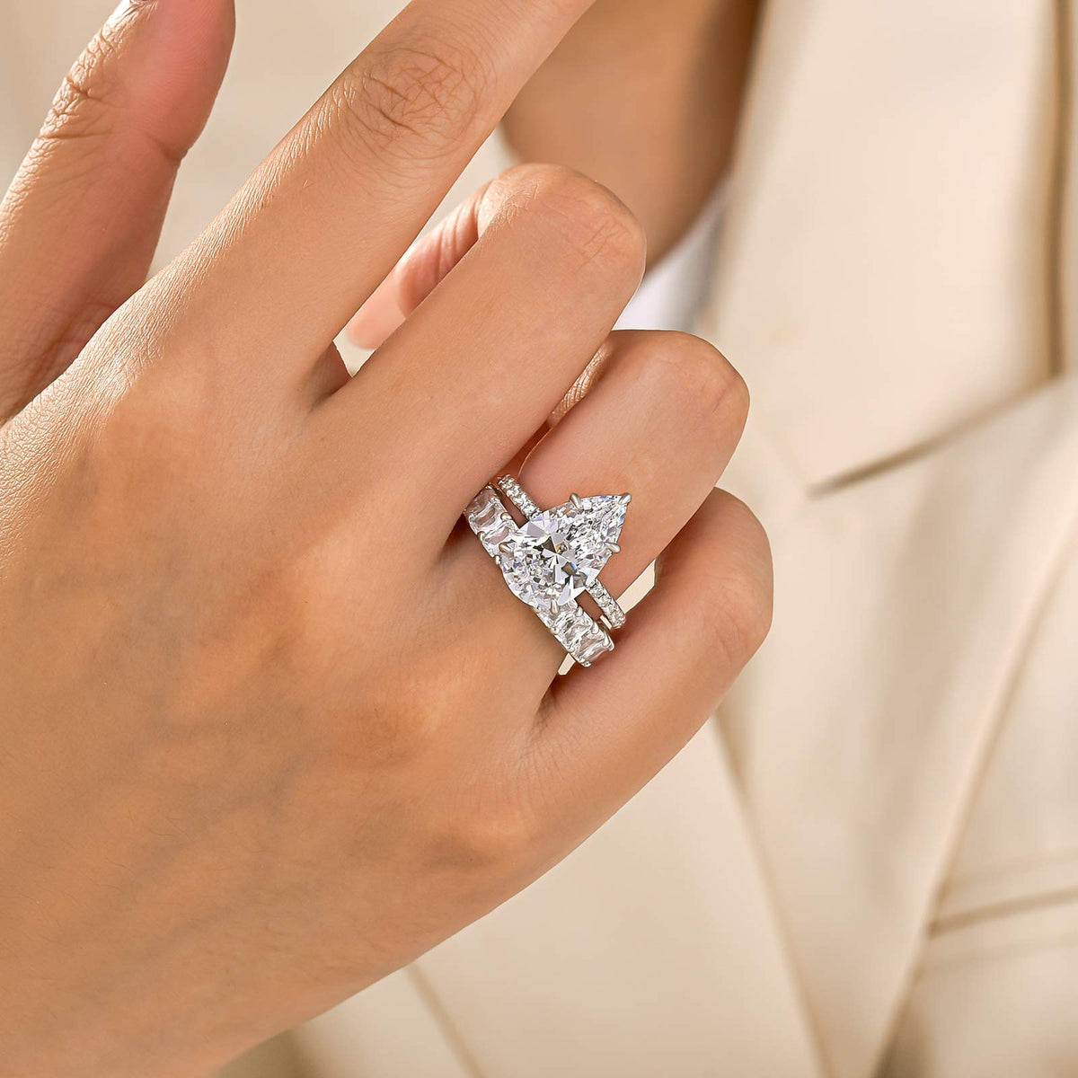 S925 4.5Ct Hidden Halo Pear Cut Ring & 3.5Ct Radiant Cut Band Stackable Ring Sets
