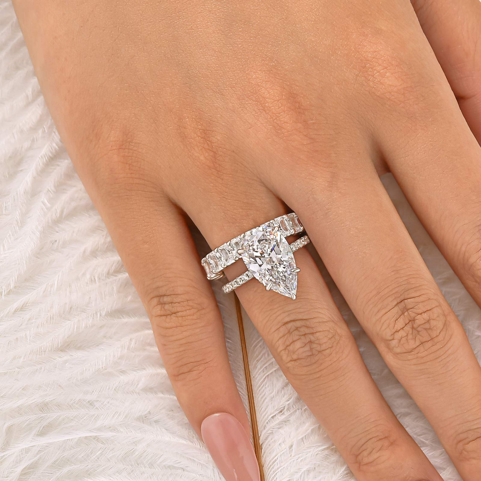 S925 4.5Ct Hidden Halo Pear Cut Ring & 3.5Ct Radiant Cut Band Stackable Ring Sets
