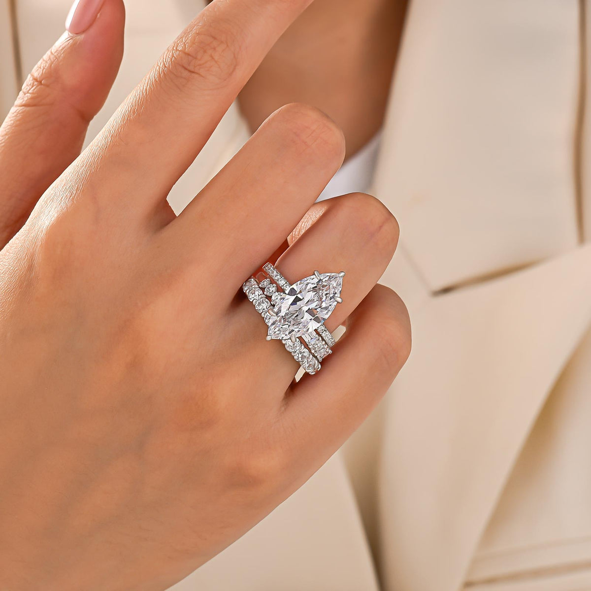 S925 3PC 6.0Ct Marquise Cut Hidden Halo Engagement Ring with Eternity Wedding Band