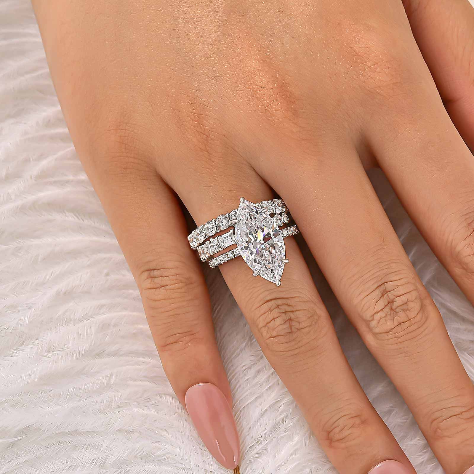 S925 3PC 6.0Ct Marquise Cut Hidden Halo Engagement Ring with Eternity Wedding Band
