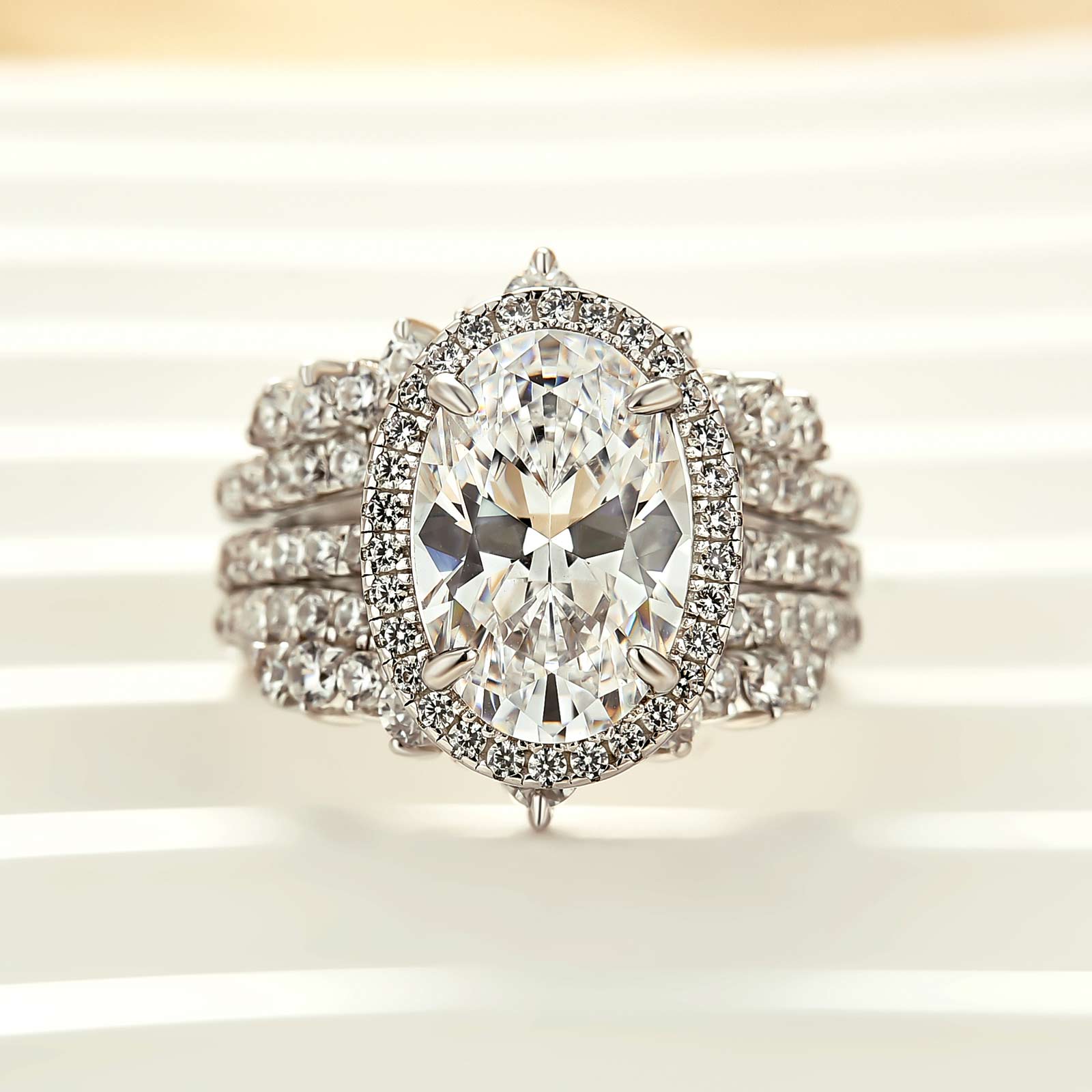 3PC 4.0Ct Halo  Oval Cut Wedding Ring Set With Two V-shaped Design Half Eternity Wedding Bands