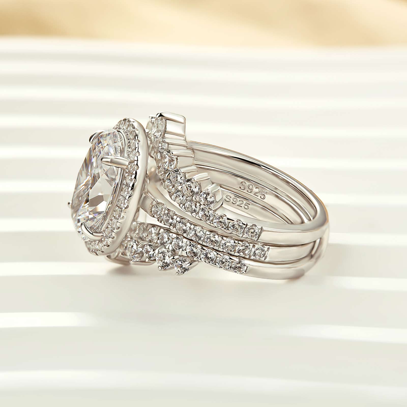 3PC 4.0Ct Halo  Oval Cut Wedding Ring Set With Two V-shaped Design Half Eternity Wedding Bands