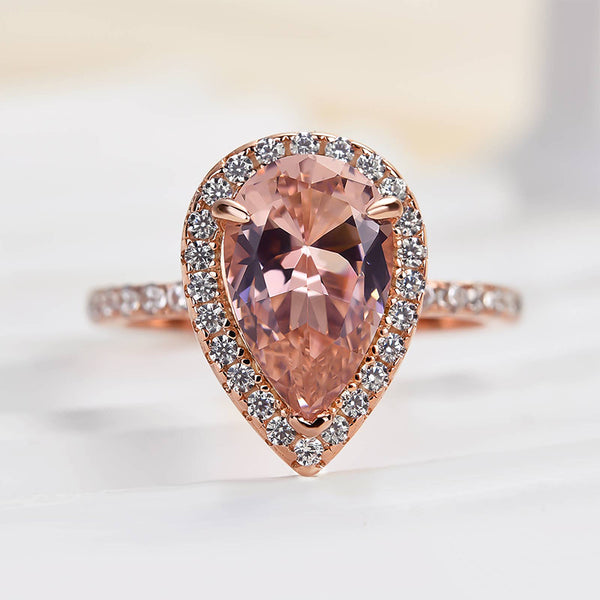 Louily Rose Gold Halo Pear Cut Synthetic Morganite Engagement Ring