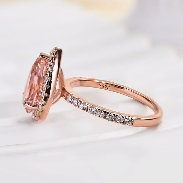 Louily Rose Gold Halo Pear Cut Synthetic Morganite Engagement Ring