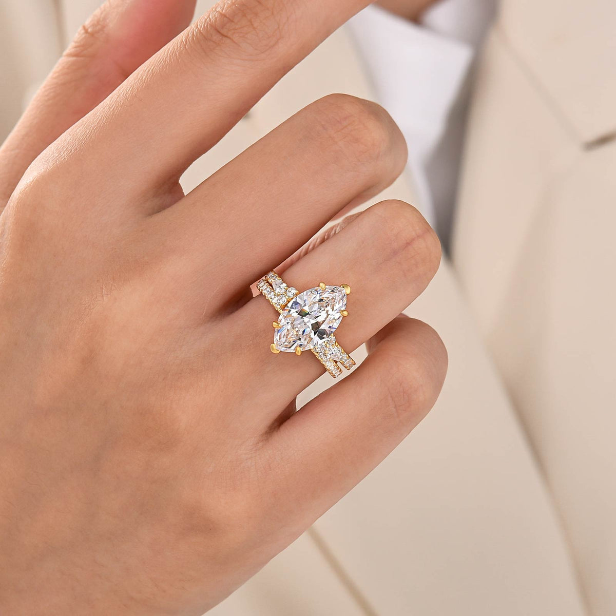 S925 2PC Enhancer 4.0Ct Marquise Cut Ring & Wedding Band Nature-Inspired Ring Sets
