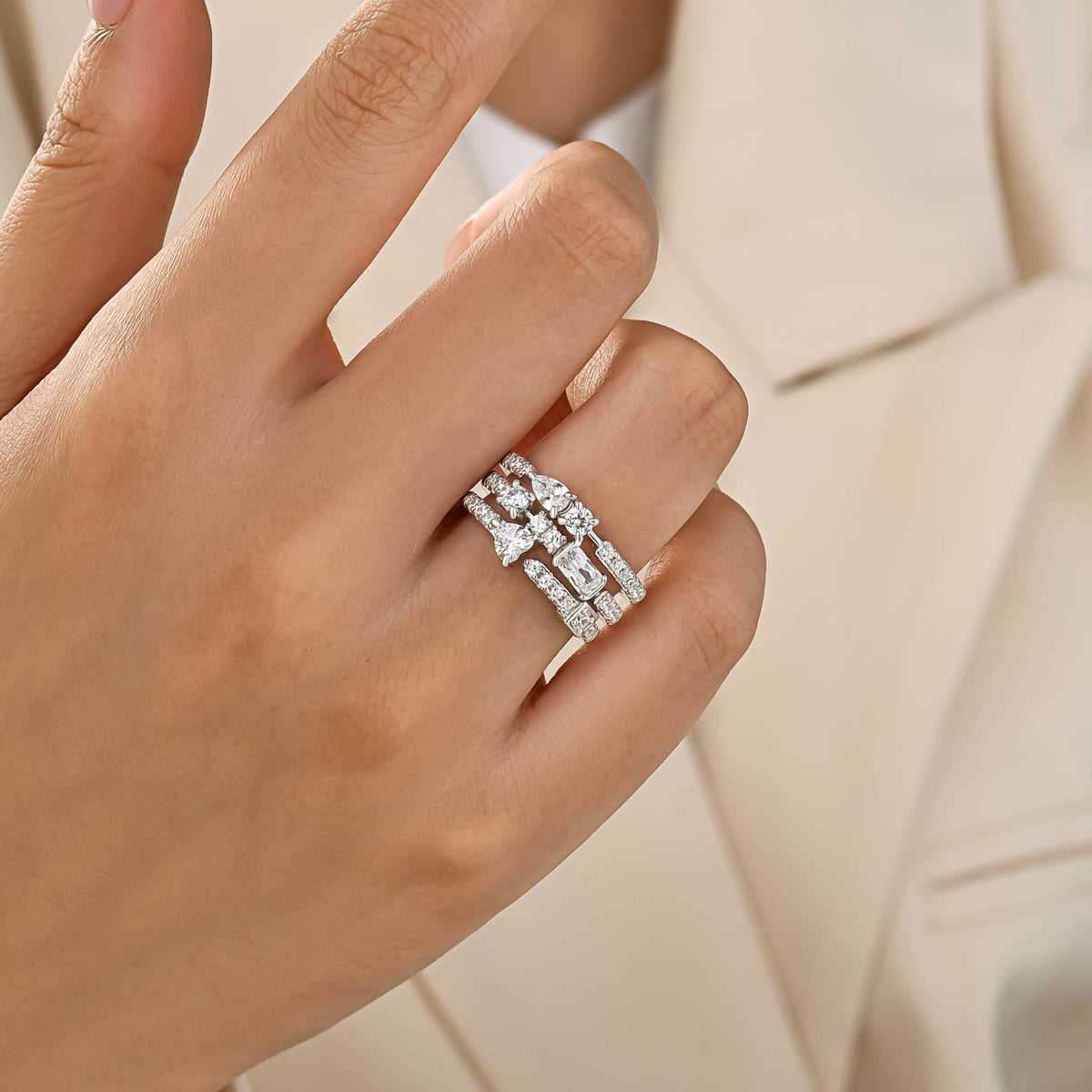 1.65Ct Mixed-Cut Triple-Row Curved 18K White Gold-Plated Wedding Band