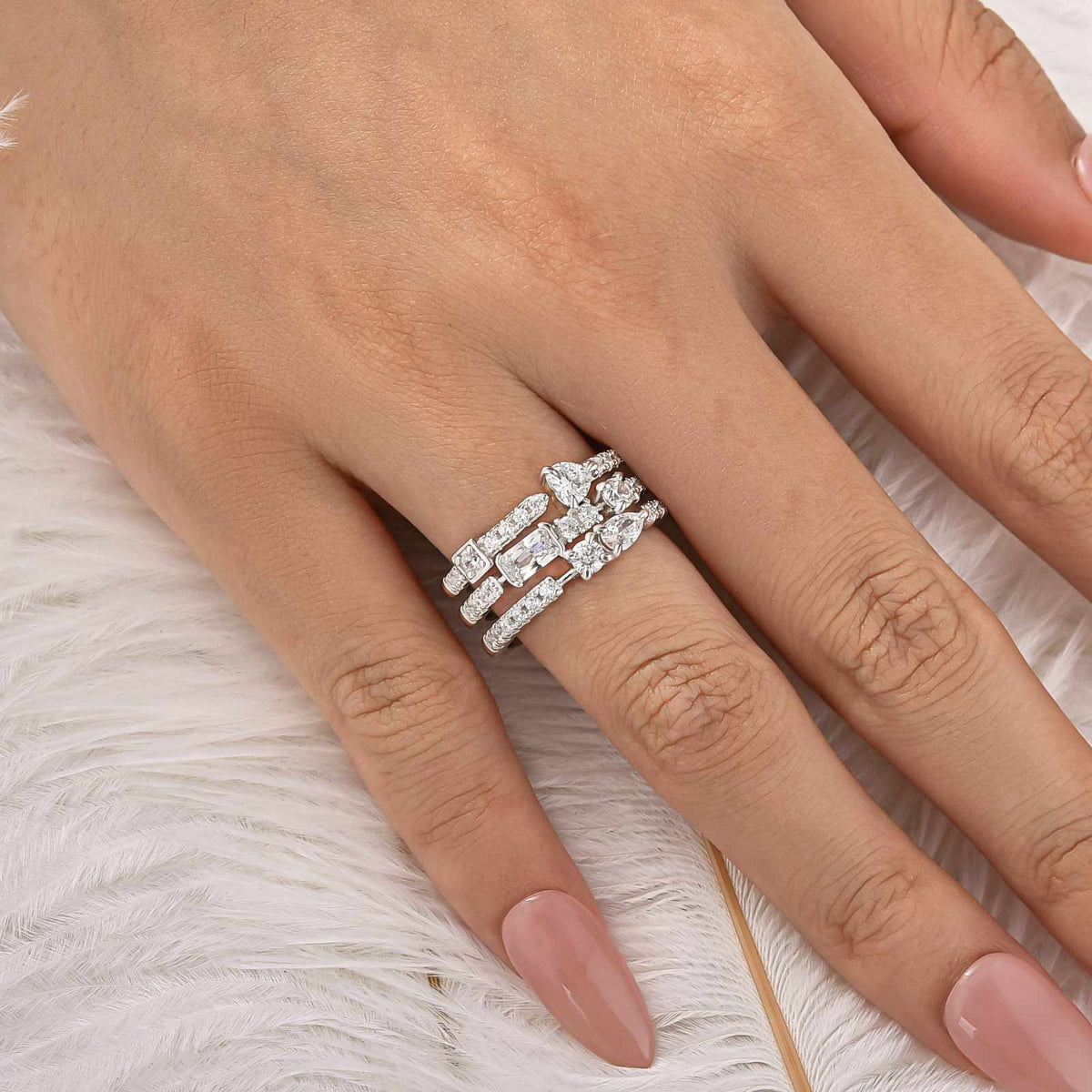 1.65Ct Mixed-Cut Triple-Row Curved 18K White Gold-Plated Wedding Band