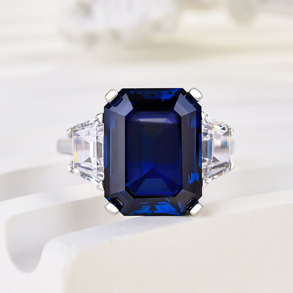 Louily Honorable Blue Sapphire Emerald Cut Three Stone Engagement Ring