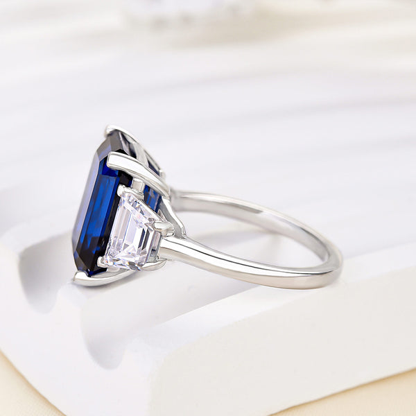 Louily Honorable Blue Sapphire Emerald Cut Three Stone Engagement Ring