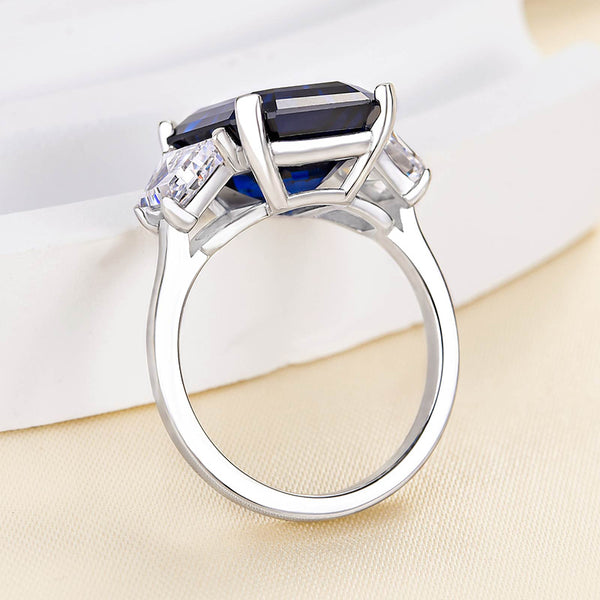 Louily Honorable Blue Sapphire Emerald Cut Three Stone Engagement Ring